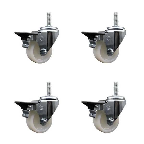 3 Inch Nylon Wheel Swivel 34 Inch Threaded Stem Caster Set with Brake SCC